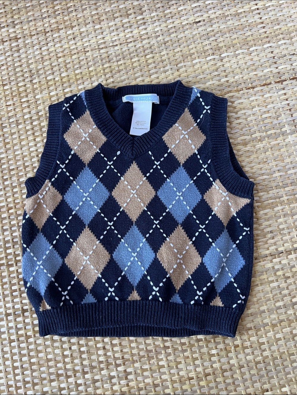 Janie & Jack argyle sweater vest dark navy blue tan white preppy baby boy 3-6 mo
